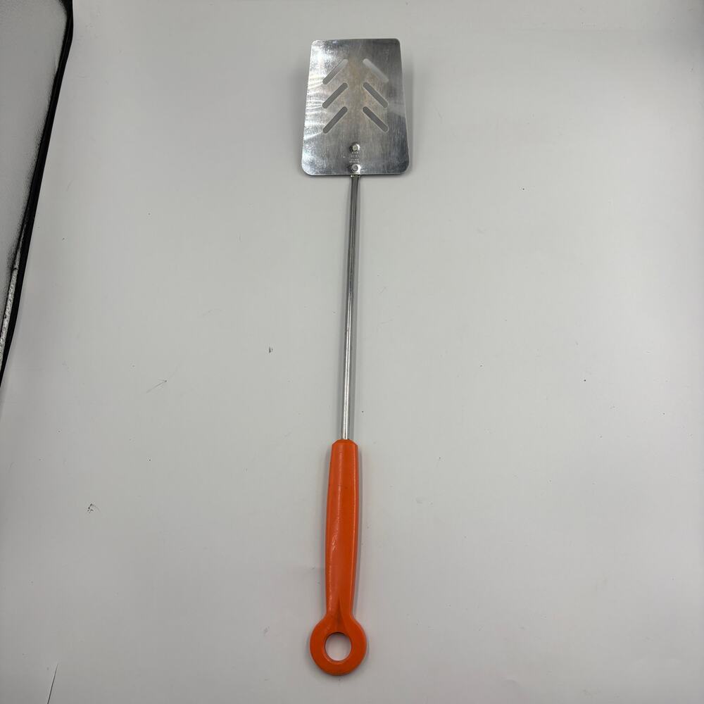 Vintage EKCO Chromium Plated Slotted Spatula Long 20" Orange Plastic Handle MCM